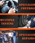 Mechanic performing tire repair; automotive testing and team discussion; showing specialized controls and repairs process.