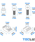 Diagram of Ultimate M5 T Nut And Black Screw Kit For 6mm T Slot Aluminum Extrusion showing dimensions of screws and T-nuts.