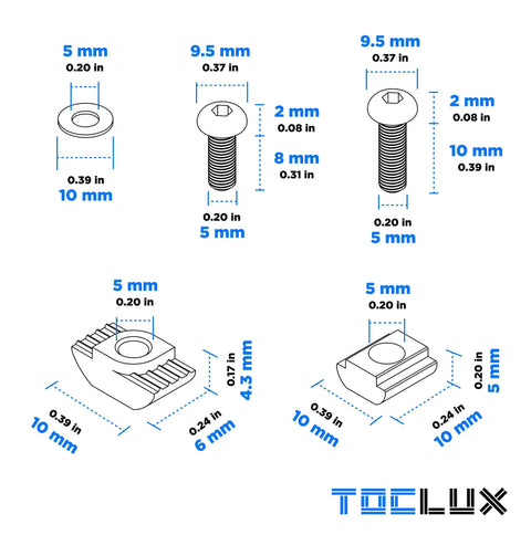 Diagram of Ultimate M5 T Nut And Black Screw Kit For 6mm T Slot Aluminum Extrusion showing dimensions of screws and T-nuts.