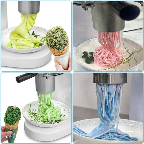 Compact Commercial Gelato Spaghetti Machine For Restaurants Space Saving A4 Size Red 80W High 28 LPH Output Game Changing Dope Noodle Ice Cream Maker in use, forming colorful noodle ice cream on plates and cones.