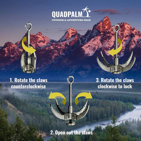 Foldable Stainless Steel Grappling Hook With Four Folding Claws Beefy Heavy Duty Outdoor Gear demonstration with mountain backdrop