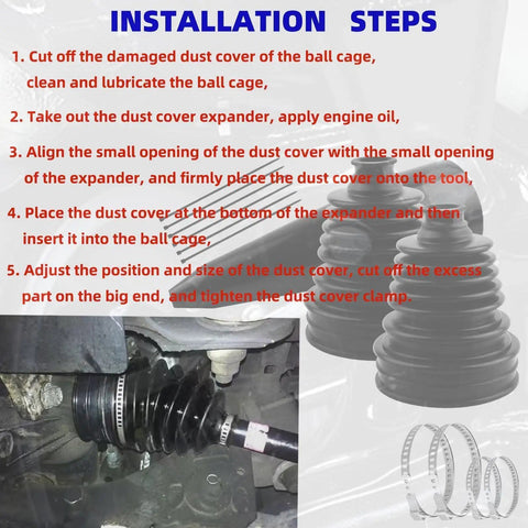 DIY Silicone CV Boot Repair Kit With Expander Tool And 4 Stainless Steel Clamps installation steps and tools shown