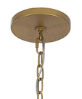 Contemporary Coastal 9 Light Pendant Featuring Legacy Brass Finish And Clean White Ceramic Shades close-up view of brass chain and canopy.