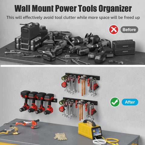 Modular Pegboard Strip Storage System with 3 wall mount strips organizing tools effectively on workbench.