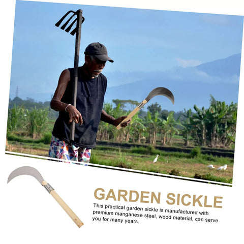 Person holding Durable Manganese Steel Weeding Sickle With Long Wooden Handle For Garden Cleanup And Yard Work Manual Weed Removal Tool