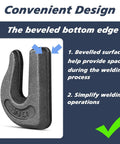 Weld-on chain grab hook, forged steel, dark gray, beveled bottom edge, close-up view.