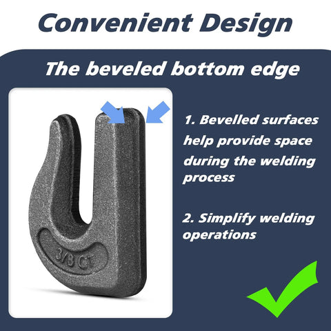 Weld-on chain grab hook, forged steel, dark gray, beveled bottom edge, close-up view.