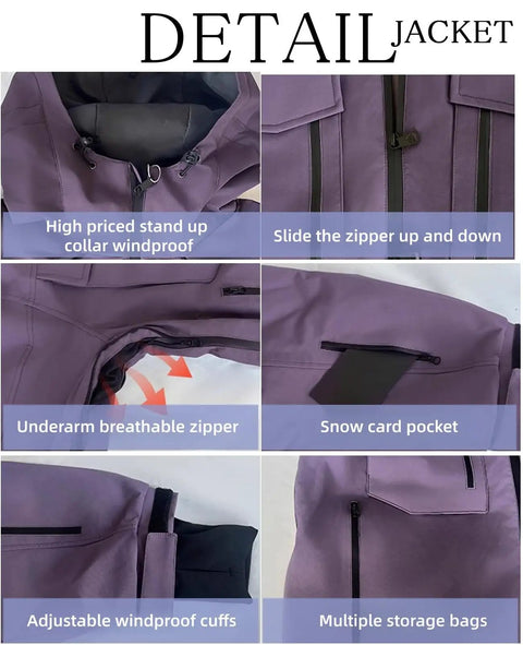 Detail of Mens Baggy Snow Suit With Insulated Ski Jacket And Pants Set showing windproof collar, zippers, and storage compartments.