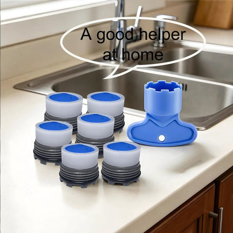 Universal Faucet Aerator Remover Tool Set With Five Heavy Duty Keys For No Sweat Clogged Sink Cleanup And Smooth Twist Swap On Residential Kitchen And Bathroom Fixtures, displayed on a countertop.