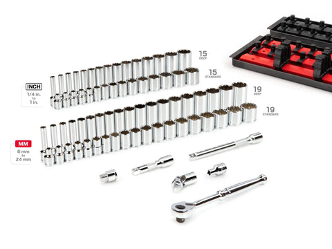 Three Eighths Inch Drive Shallow And Deep 12 Point Socket And Ratchet Set With Rails And Trays All In One 74 Piece