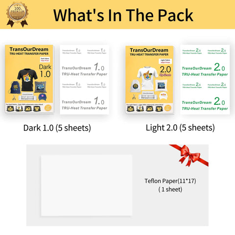 DIY Heat Transfer Paper Kit For Dark And Light T Shirts Mix Pack With 5 Dark 1.0 Sheets And 5 Light 2.0 Sheets Plus Reusable Teflon Paper 8.5x11 Inches For Inkjet Printers displayed with packaging.