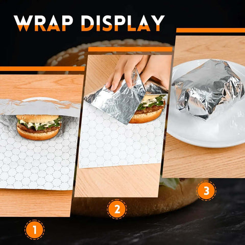 Pre Cut Insulated Foil Sandwich Wrap Sheets Grease Resistant For Hot Food 10.5 By 14 Inches 100 Pack displayed on sandwich