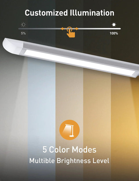Dimmable Desk Lamp With USB Charging Ports, 10 Brightness Levels And 5 Color Temperature shown with brightness and color modes