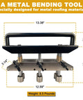 Front view of Three Station Edge Roller Bender showing dimensions and black handle, designed for roofing materials.