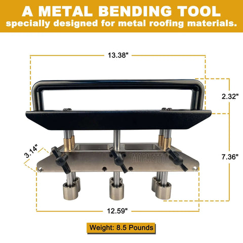 Front view of Three Station Edge Roller Bender showing dimensions and black handle, designed for roofing materials.