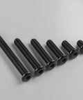 Flat Head Hex Socket Cap Screws 1/4-20 x 2-1/2 Inch, 20 Pack, Black Zinc Finish arranged in size order on white surface