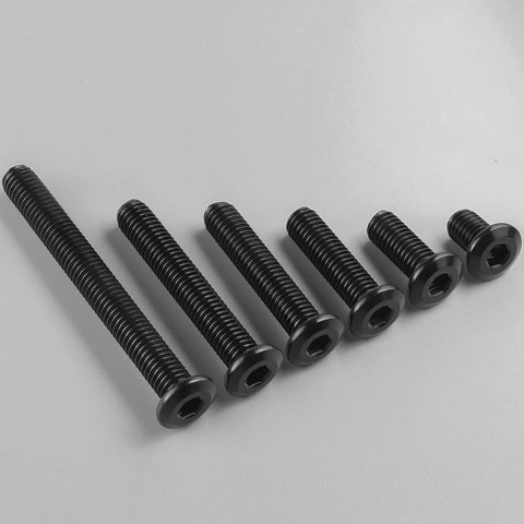 Flat Head Hex Socket Cap Screws 1/4-20 x 2-1/2 Inch, 20 Pack, Black Zinc Finish arranged in size order on white surface