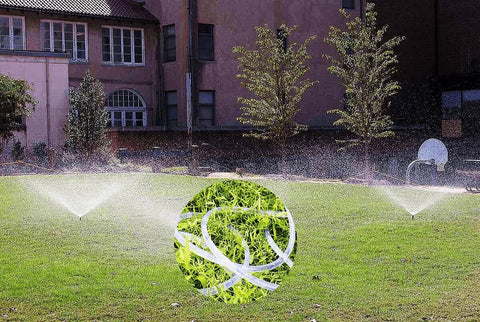 Clear PVC tubing 1 in ID x 1-1/4 in OD for irrigation, shown with lawn sprinklers and a tubing coil inset.