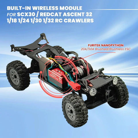 NanoPython 20A/50A Brushed And Brushless ESC with Built In Wireless Tuning Module installed in RC crawler chassis.
