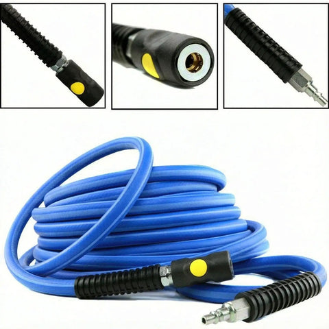 Heavy Duty Compressed Air Piping Connectors Fit For Workshop Featuring Anti Marring Steel Inner Construction Brass Ends For Smooth Up To 300 PSI Flexibility Rock Solid Build Great For Garage Repairs Getting Stuff Done Fast When Needed blue air hose coil with brass fittings
