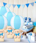 12 Set Baby Shower Hot Air Balloon Table Centerpieces Kit With DIY Paper Lanterns Plush Bears Wooden Baskets Party-Ready Blue