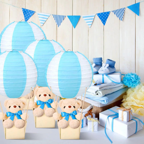 12 Set Baby Shower Hot Air Balloon Table Centerpieces Kit With DIY Paper Lanterns Plush Bears Wooden Baskets Party-Ready Blue