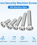 Superior 304 Stainless Steel Torx Security Machine Screws in 10-32 by one inch size displayed in a row.