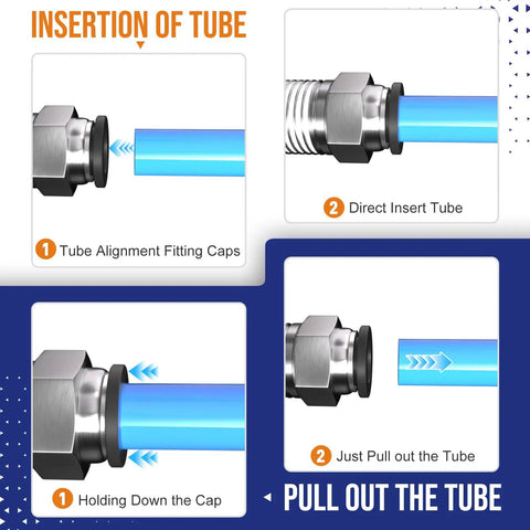 Diagram showing insertion and removal of Easy Snap Push To Connect Pneumatic Fittings 1/2 Inch Tube OD to 1/2 Inch NPT Thread.