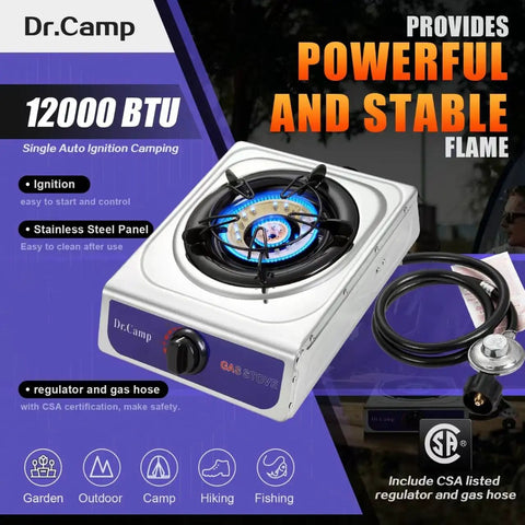 12000 BTU Propane Camping Stove With Auto Ignition for outdoor cooking, griddle ready, with CSA regulator and gas hose