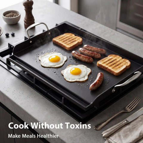 Preseasoned Cast Iron Griddle 25 By 16 Inch For Gas And Charcoal Grills with eggs, sausages, and toast cooking