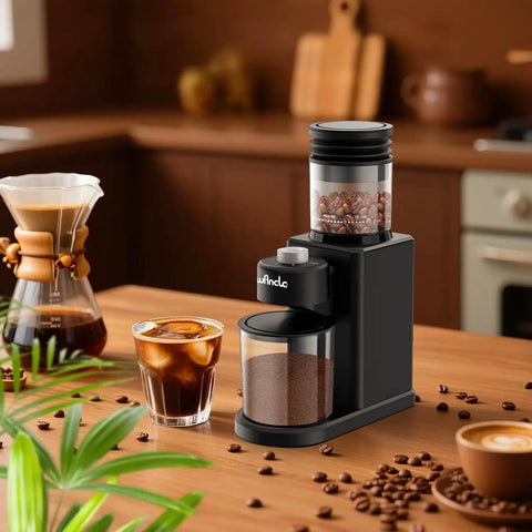 Wancle Electric Conical Burr Coffee Grinder With 25 Adjustable Grind Settings For Espresso Drip And French Press, compact black design with ground coffee.