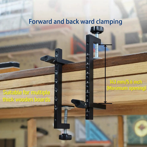 Pro Grade Woodworking C Clamps With 4 And 6 Inch Wide Range Extended Throat Depth Aluminum Table Clamp Multi Stage Adjustable With Fine Tuning Bolt 2 Pack For Ultra Tight Grips And Quick Slip Free Setup installed on wooden table.