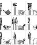 Heavy Duty Tungsten Carbide Burr Set For Die Grinder Bits Twenty Pieces One Eighth Inch Shank Double Cut Rotary Burrs For Metal Carving Wood Engraving And Polishing displayed with usage diagrams for wood and metal.