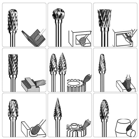 Heavy Duty Tungsten Carbide Burr Set For Die Grinder Bits Twenty Pieces One Eighth Inch Shank Double Cut Rotary Burrs For Metal Carving Wood Engraving And Polishing displayed with usage diagrams for wood and metal.