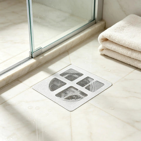 50 Pcs Disposable Shower Drain Hair Catcher 3.94" ES Square Drain installed in a bathroom shower stall with towels.