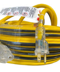 Heavy-Duty 12/3 15-Amp SJTW Contractor Extension Cord With Lighted Ends For Outdoor Jobs, 100-Feet, coiled with clear plugs