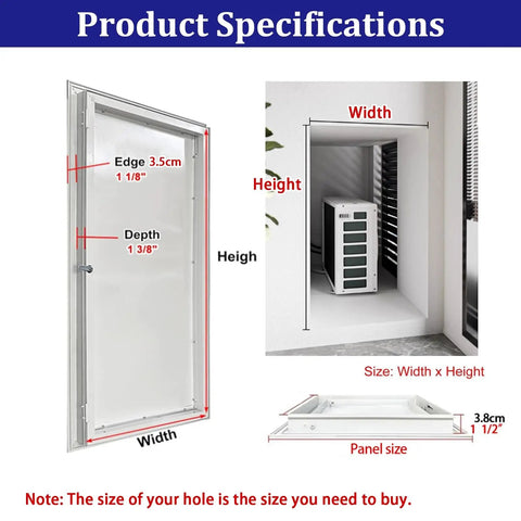 Product specifications for Rock Solid Aluminum Attic Access Door With Key Lock showing dimensions and panel size for drywall homes.