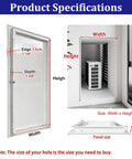 Product specifications for Hella Tough Aluminum Attic Access Door With Secure Key Lock for Drywall Ceilings Walls displayed.