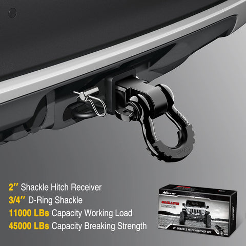 2 Inch Shackle Hitch Receiver Set With Three Quarter Inch D Ring, 45000 Lb Break Strength attached to vehicle hitch