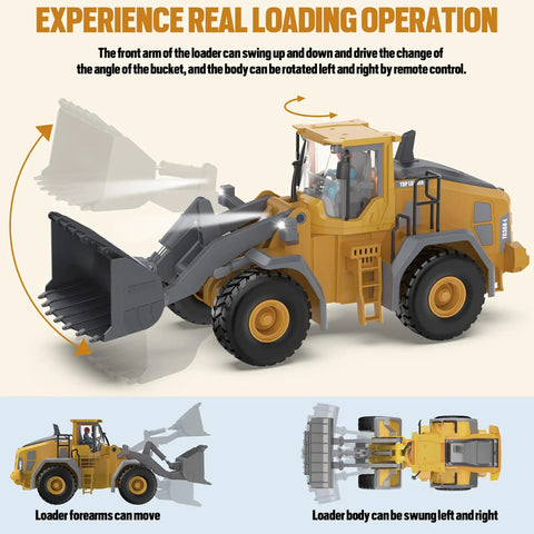 Metal RC Wheel Loader Toy With 9 Channel Remote Control showing lifting mechanism and rotation capabilities