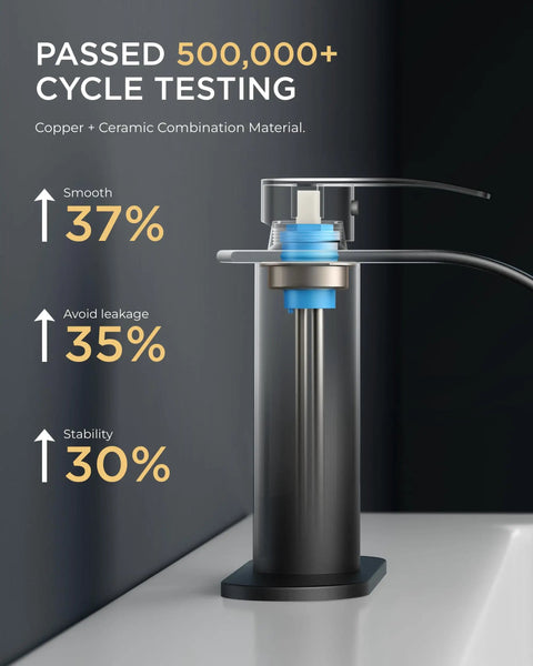 Waterfall Matte Black Bathroom Faucet DIY Friendly 1 Or 3 Hole Install With Deck Plate, showing durability test results.
