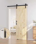 30 Inch By 84 Inch Sliding Barn Door With 5 Foot Hardware Kit Included, Unfinished Solid Spruce Wood Door Installed in Living Room