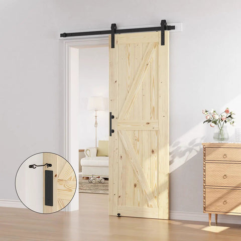 Top Shelf Solid Spruce Wood Sliding Barn Door With Complete Six Foot Track Hardware Unfinished Surface Ready For Custom Staining Silky Smooth Glide And No Sweat DIY Setup, installed in living space.