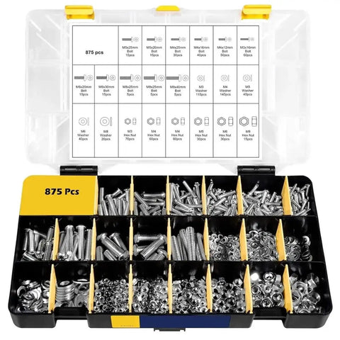 2240 Piece Metric Screw Nut Bolt Washer Fastener Kit Carbon Steel With Assorted Sizes For Home DIY Garage And Workshop Use Durable Premium Hardware For Quick Repairs And Projects, 875 pcs organizer