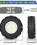 13x5.00-6 Tiller Tire And Wheel Kit Tubeless With 3/4 Inch Axle, 3-1/8 Inch Centered Hub, tractor tire front and side view