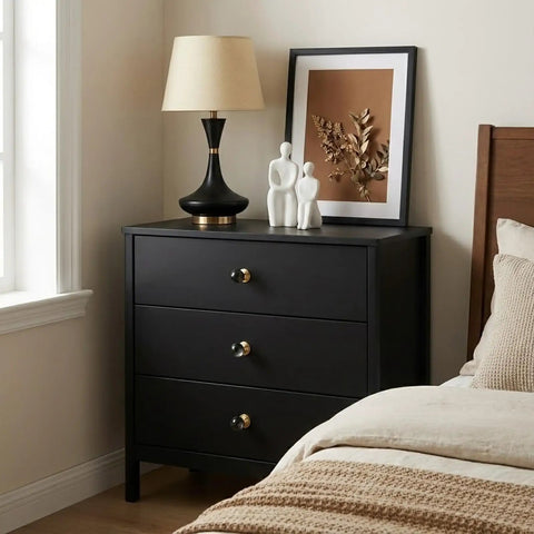 Black dresser with 2 Pack Brass Cabinet Knobs And Pulls Set With Round Copper Base Vintage Hardware Handles, lamp, décor in bedroom.