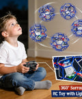 Child playing with Rad Remote Control Helicopter Toy For Kids 8 To 16 with lighted soccer-style flying ball indoors.