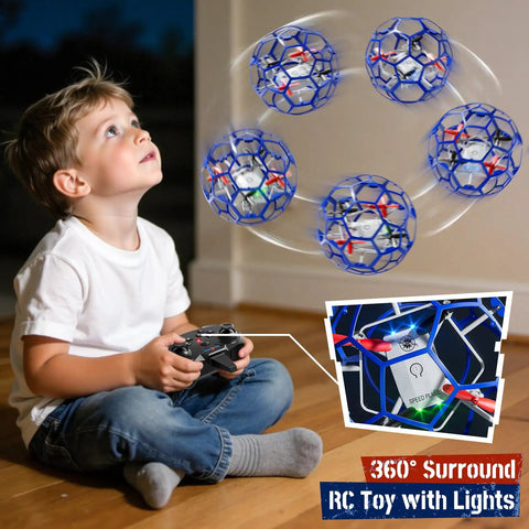 Child playing with Rad Remote Control Helicopter Toy For Kids 8 To 16 with lighted soccer-style flying ball indoors.