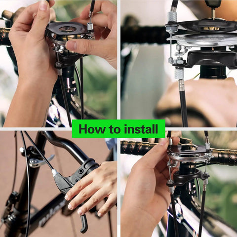 Installation of Gyro Brake Cables Front And Rear Kit with Spinner Rotor for 20 Inch Bikes, showing hand setup and brake lever