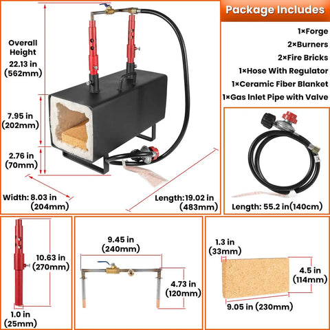 Beefy Portable Propane Gas Forge With Double Burner 2600F Forging Furnace, detailed dimensions, and included accessories.
